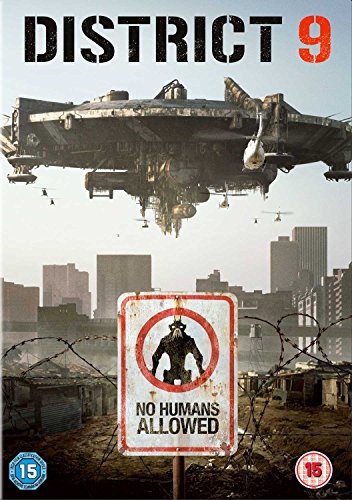 District 9" DVD cover with alien spacecraft, a "No Humans Allowed" sign, and cityscape.