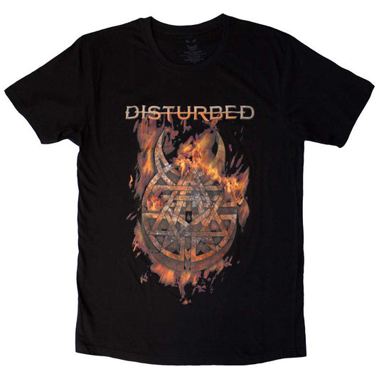 Black t-shirt with a flaming, ornate symbol and "Disturbed" text.