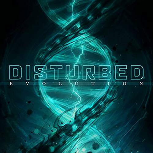 Dark album cover with teal DNA double helix and lightning, text reads Disturbed Evolution.