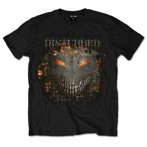 Black Disturbed t-shirt with a graphic of a fiery skull face.