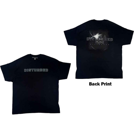 Black Disturbed band t-shirt, front and back designs shown flat.