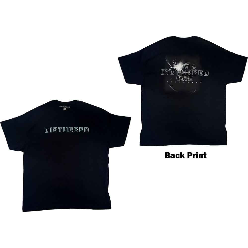 Black Disturbed band t-shirt, front and back designs shown flat.