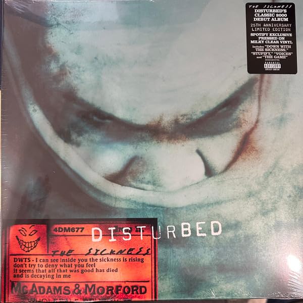 Disturbed’s “The Sickness” 25th Anniversary Edition vinyl record in clear plastic.