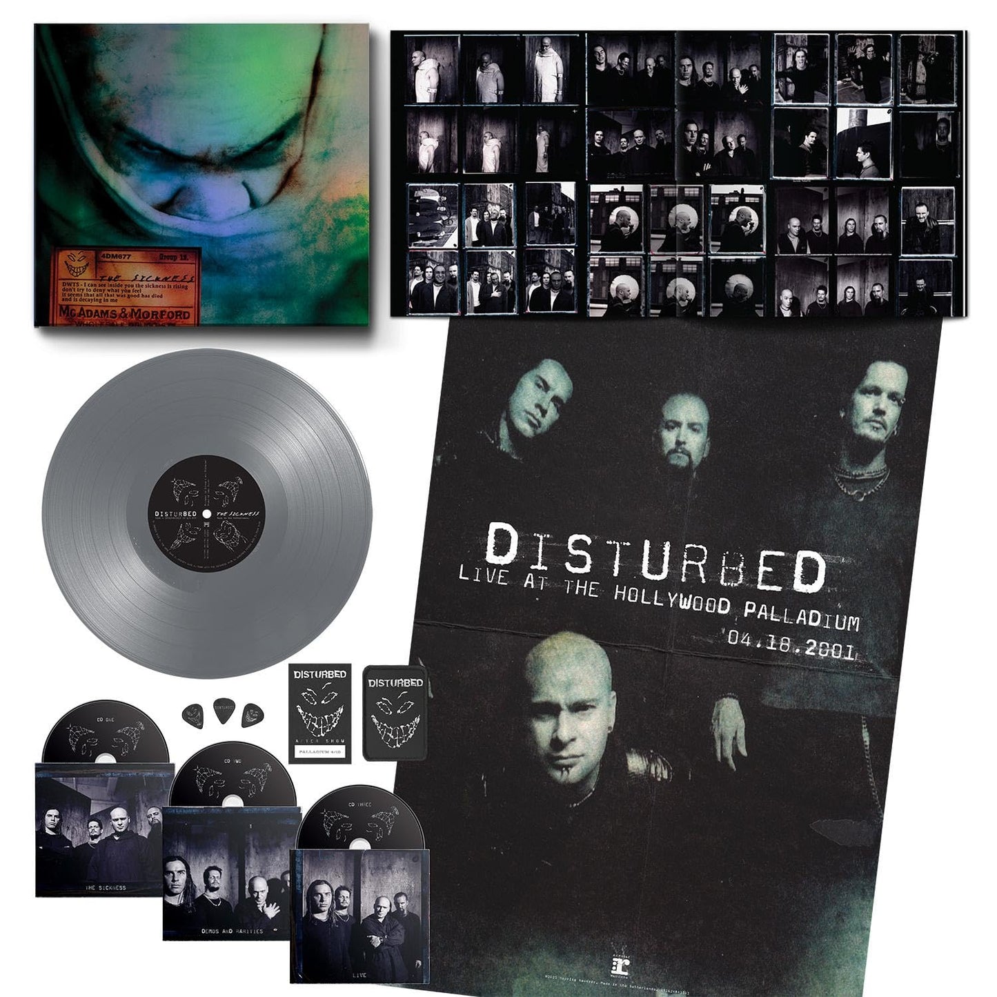 Disturbed's "The Sickness" vinyl record and associated concert imagery.