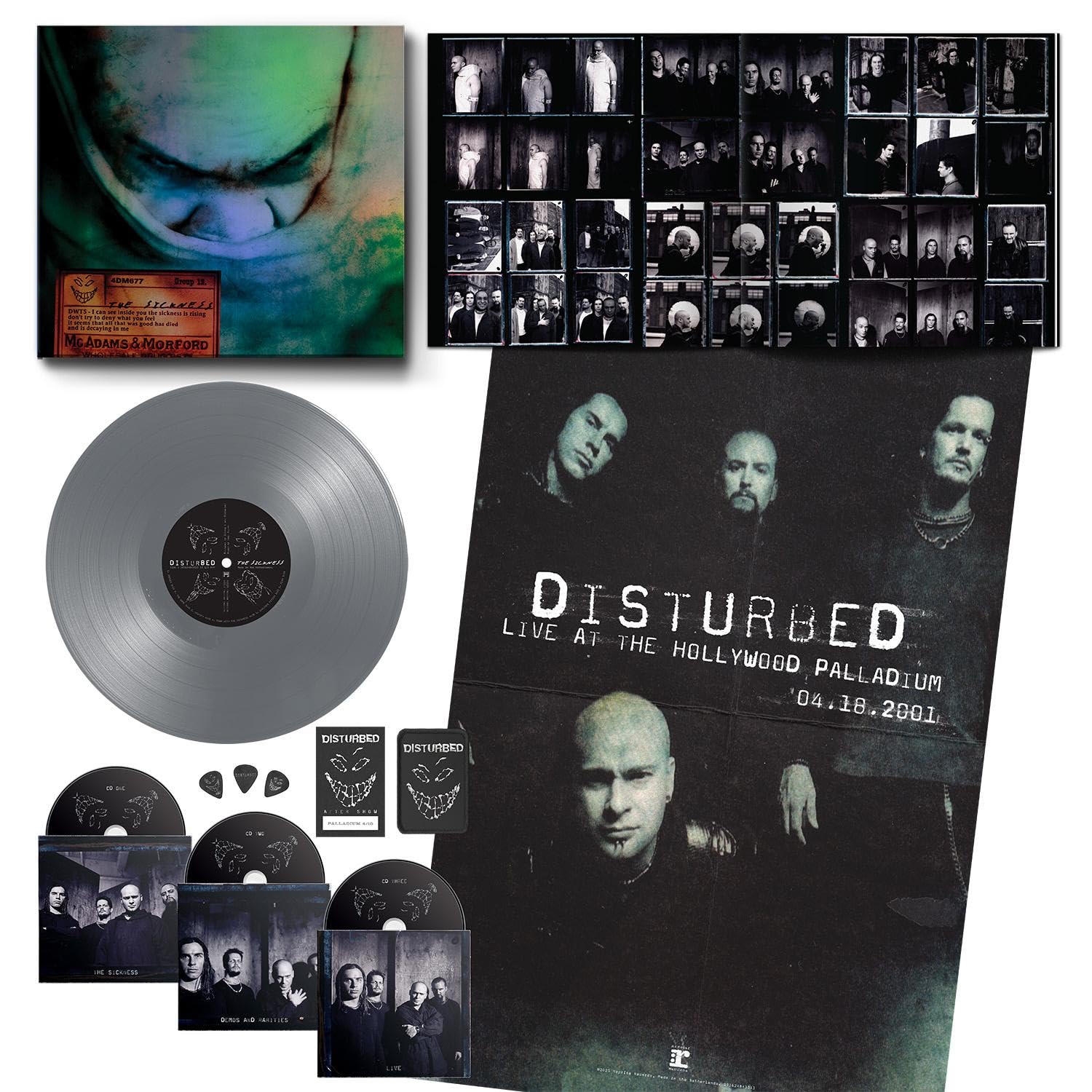 Disturbed's "The Sickness" vinyl record and associated concert imagery.