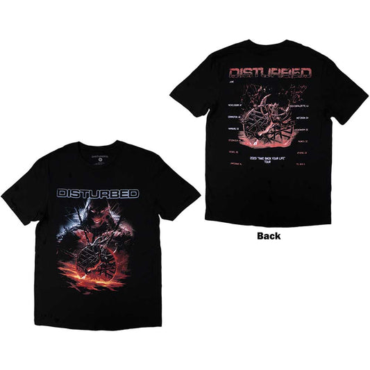 Black Disturbed t-shirt with European tour '23 medallion back print, size large.