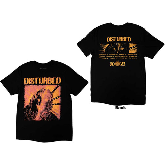 Black Disturbed t-shirt with split-face design, tour dates on back.