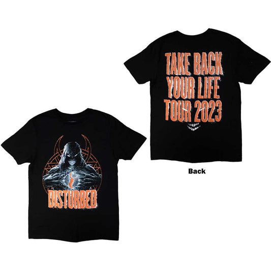Black Disturbed band t-shirt, large back print, European tour 2023 design.