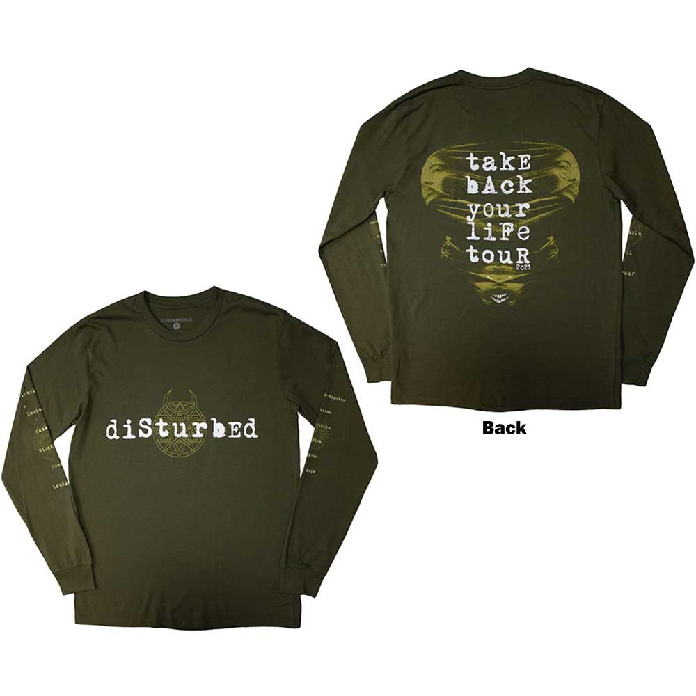 Black long sleeve Disturbed band t-shirt with tour graphics on back.