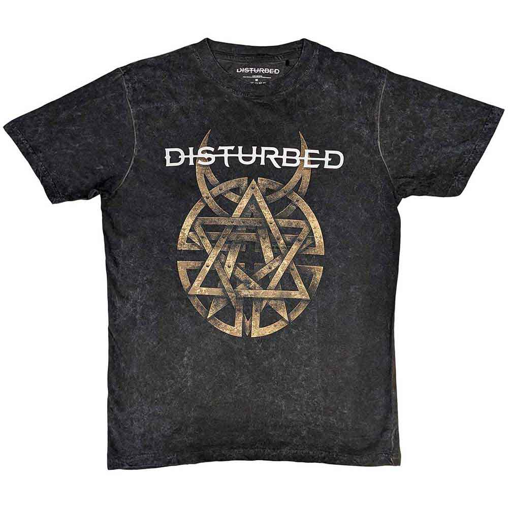 Disturbed band t-shirt, XX-Large, dip-dye and mineral wash effect, riveted design.