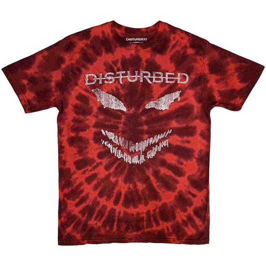 Red and black tie-dye t-shirt with a silver, scary face graphic.