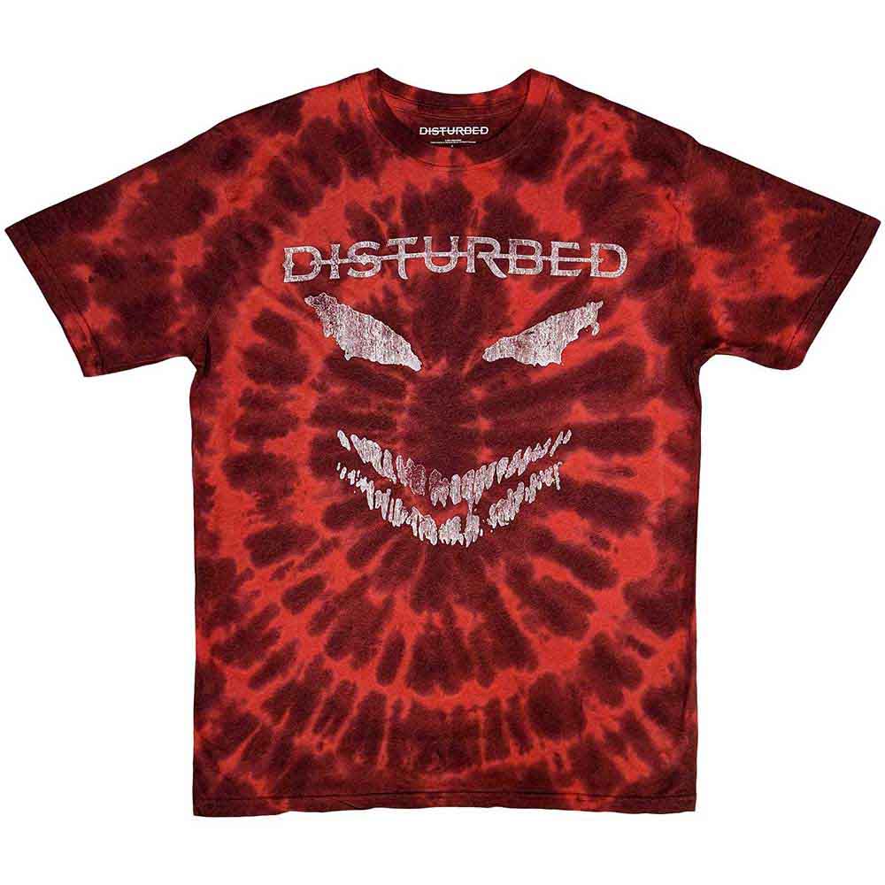 Red and black tie-dye t-shirt with a silver, scary face graphic.