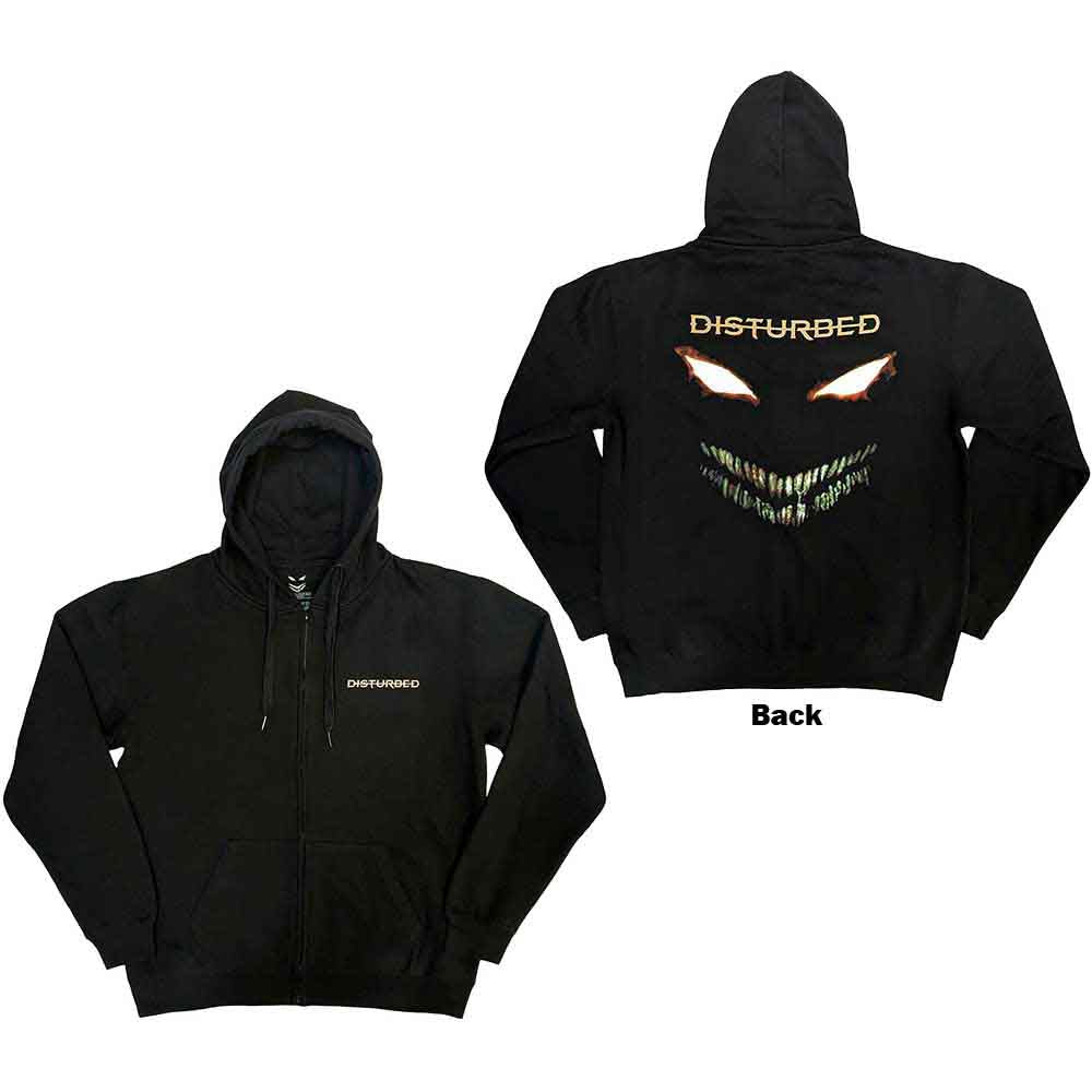 Black zipped hoodie with Disturbed’s “The Face” graphic on the back.