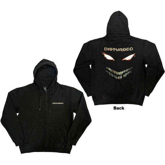 Black zipped hoodie with Disturbed’s “The Face” graphic on the back.