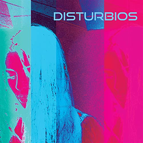 Album cover for "Disturbios" with abstract pink, blue, and teal imagery.