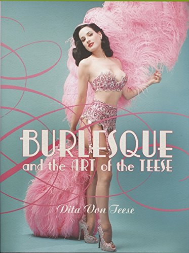 Dita Von Teese in pink feathers on book cover, “Burlesque.”