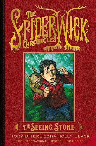 Book cover: boy looking through a stone at a fantastical creature.