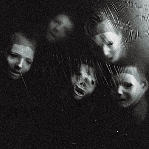 Black and white distorted image of five faces, album cover art.