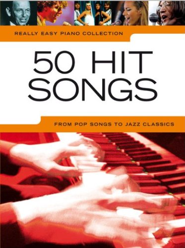 Music book cover titled 50 Hit Songs with photos of musicians and piano keys.