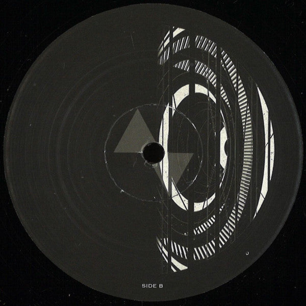 Black vinyl record with abstract white geometric design and central label hole.