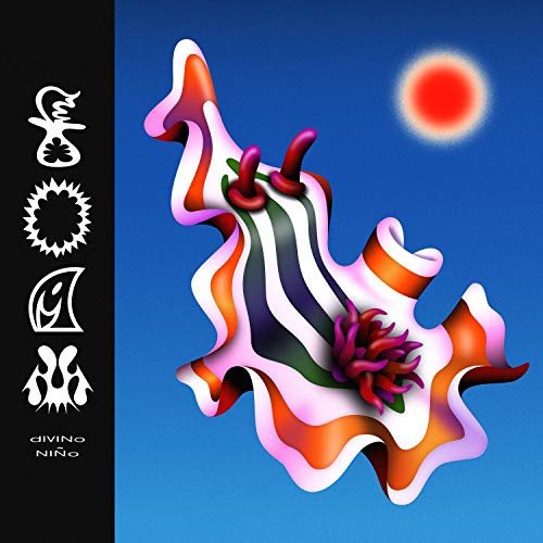 Album cover with abstract, colorful floral shapes against a blue background.