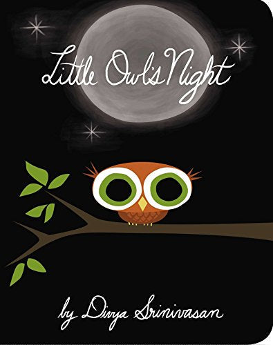 Brown owl with large green eyes sits on a branch under a full moon.