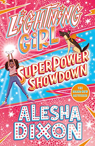 Book cover featuring a girl with lightning powers, a dog, and bold text.