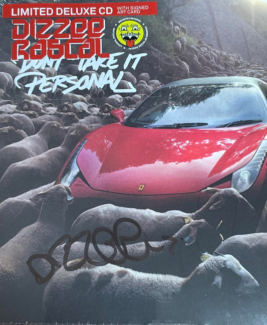 Dizzee Rascal album cover: red car amidst a crowd of sheep, signed.