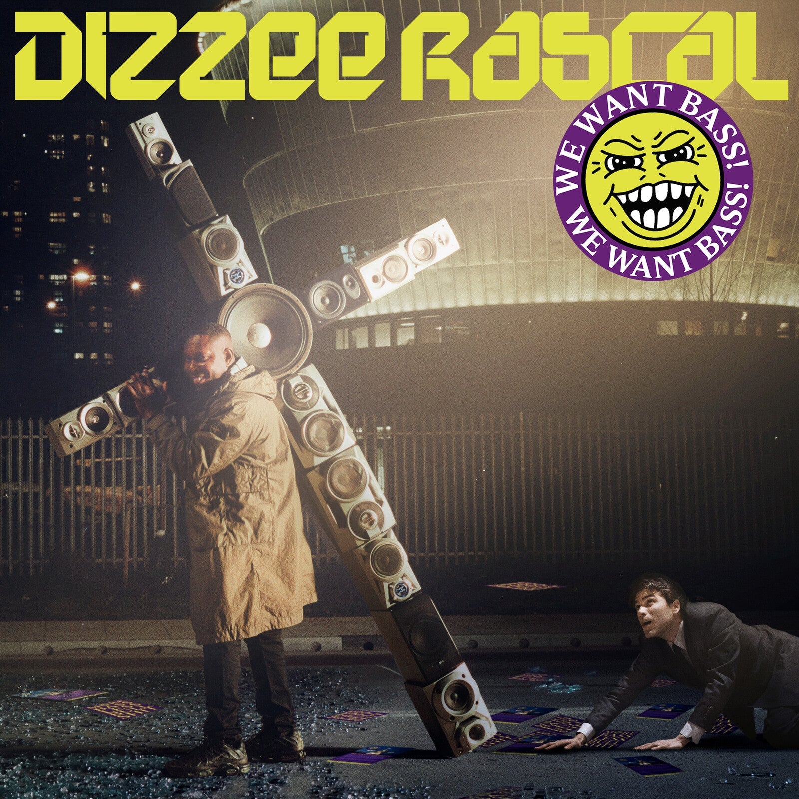 Album cover for Dizzee Rascal’s “We Want Bass” featuring a man with speakers.