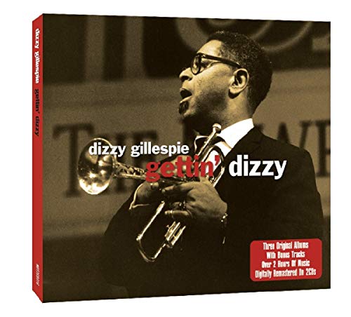 Sepia-toned album cover of Dizzy Gillespie playing a trumpet, wearing glasses and a suit.