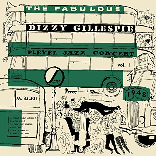 "Dizzy Gillespie's Pleyel Jazz Concert 1948 vinyl cover featuring a green and beige illustration."