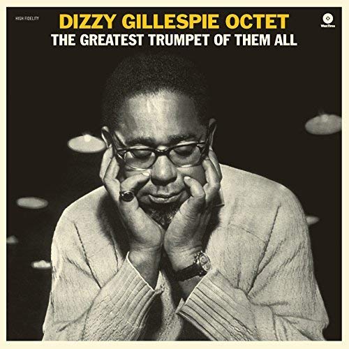 Dizzy Gillespie portrait on vinyl album cover, black and white, glasses.