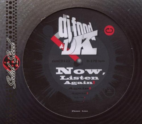 Black vinyl record with white text: “Dj Food & Dk - Now, Listen Again!”