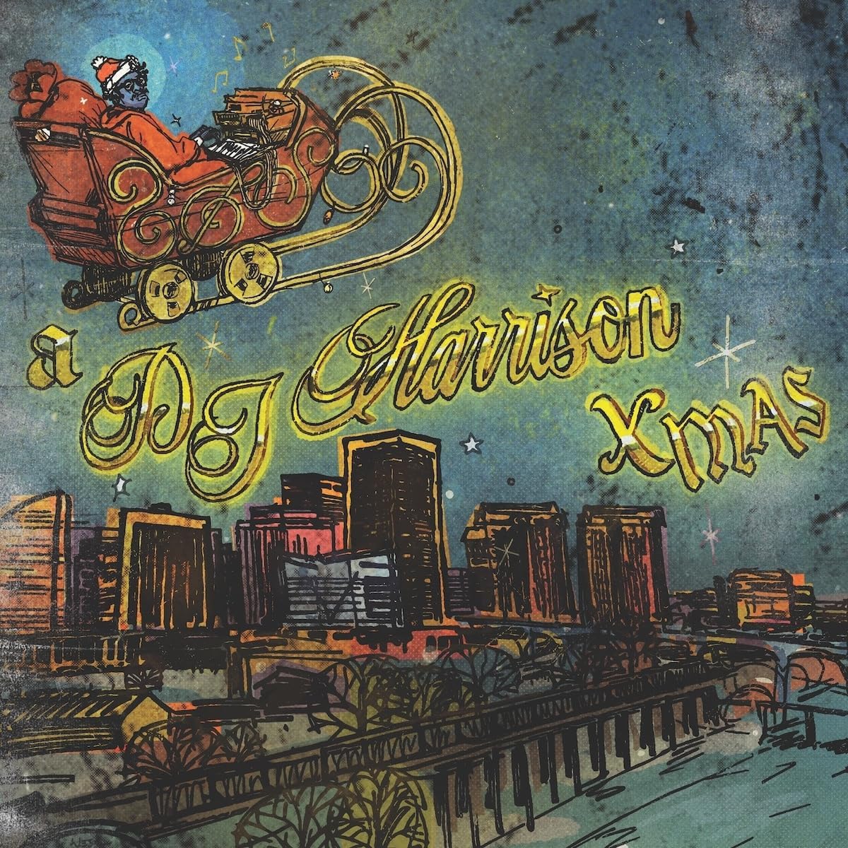 Vintage-style album cover with Santa in a sleigh over a city skyline.