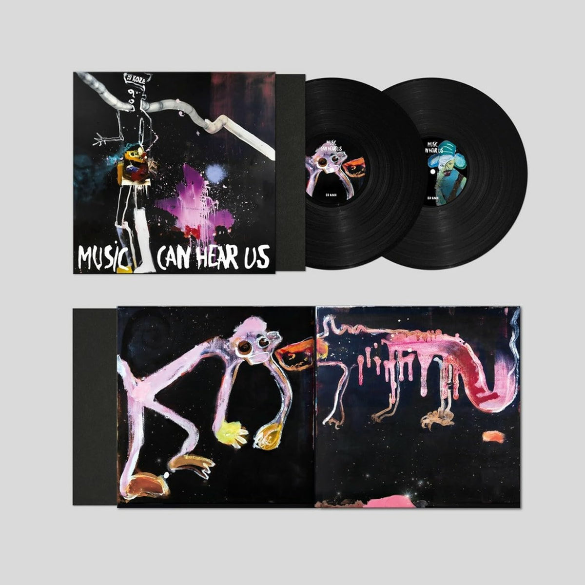 Dj Koze vinyl record with abstract painted cover art and two records.
