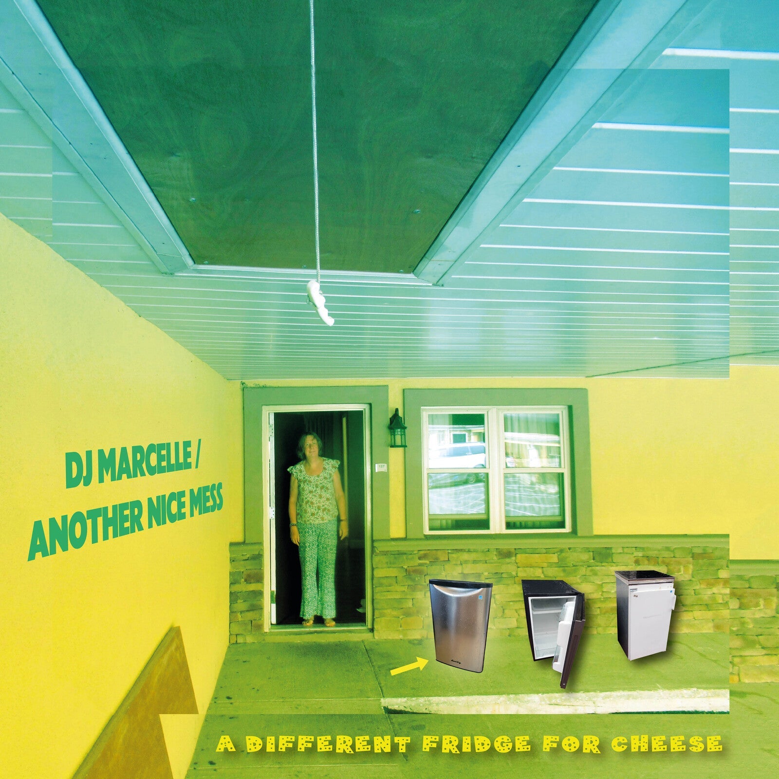 A woman stands in a doorway with three small refrigerators superimposed on the porch.