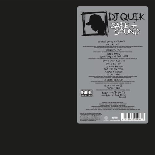 Back cover of DJ Quik Safe + Sound vinyl featuring tracklist and barcode.
