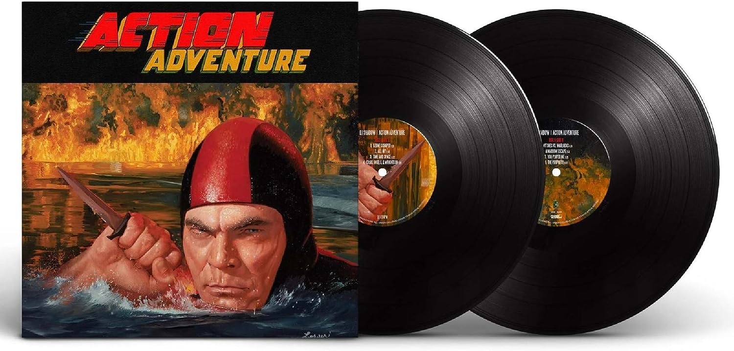 Album cover art showing a man with a knife in water with two vinyl records.