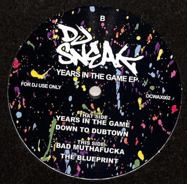 Black vinyl record label with colorful splatter and "DJ Sneak" text.