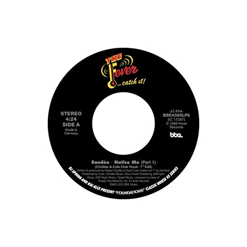 Black vinyl record label for Sandee's Notice Me, part of the Foundations series.