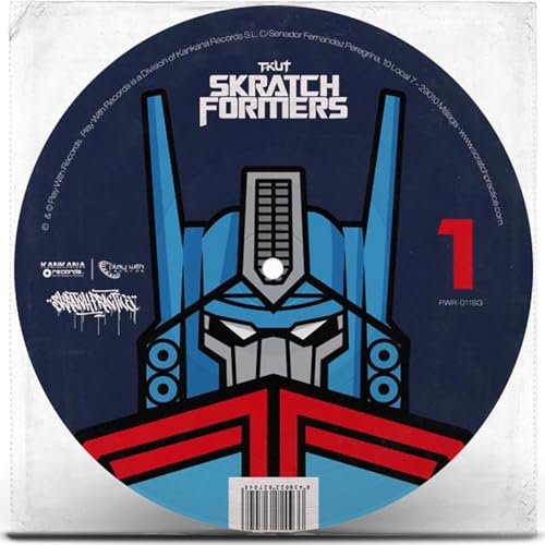 Vinyl record label featuring a blue and red robotic transformer design.