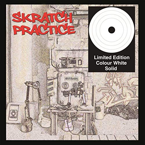 Skratch Practice" vinyl record cover with a sketched workshop scene and white disc.