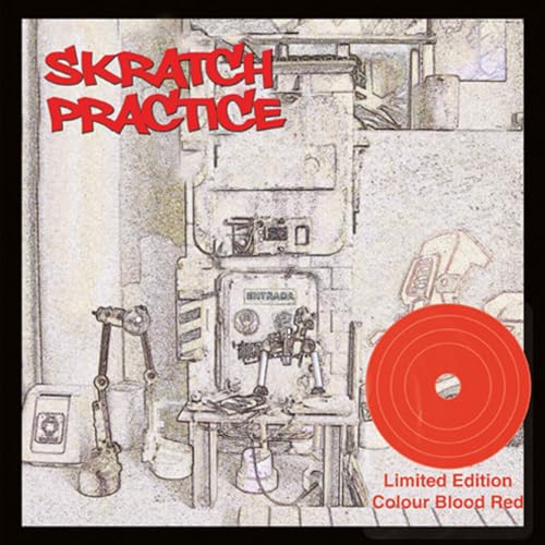 Record sleeve for "Skratch Practice" featuring vintage machinery illustration.
