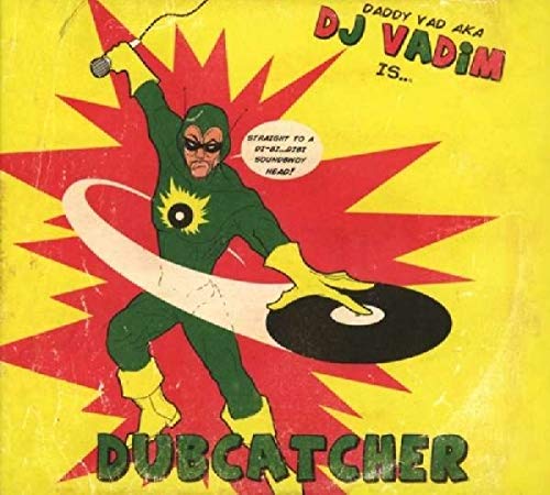 "Album cover featuring a cartoon superhero holding a vinyl record, with bold text."
