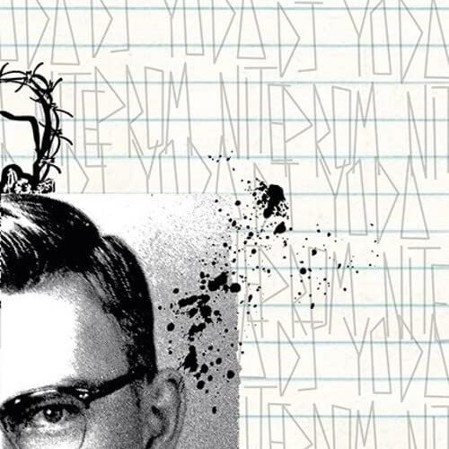 Black and white portrait with abstract ink splatters and geometric patterns.