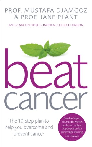 Book cover: "Beat Cancer" with green leaf illustration, purple title text.