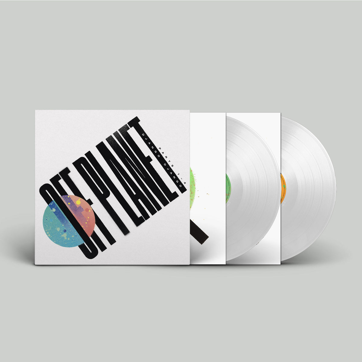 "White vinyl record album with 'Off Planet' cover art and partially visible records."
