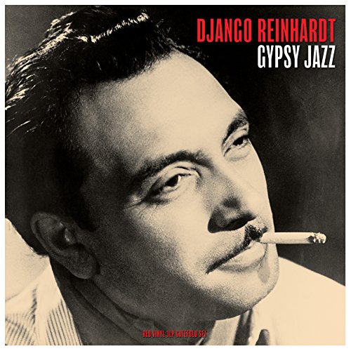 Black and white portrait of Django Reinhardt with a cigarette, album cover.