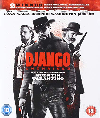 Django Unchained" Blu-ray cover featuring Jamie Foxx, Christoph Waltz, and Leonardo DiCaprio.