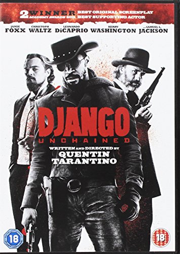 DVD cover for "Django Unchained" featuring Jamie Foxx, Christoph Waltz, and Leonardo DiCaprio.